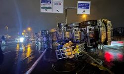 Hafriyat kamyonu bariyere çarpıp devrildi