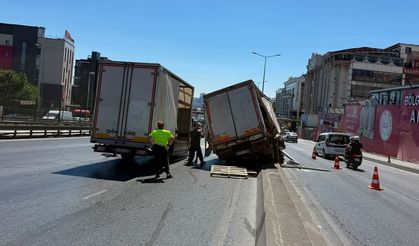 Beylikdüzü’nde E-5’te korkutan anlar: Freni boşalan kamyonet direğe çarptı