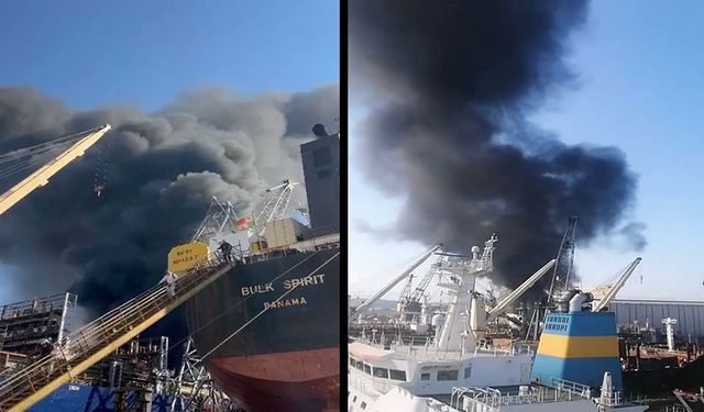 Tuzla'da bakıma alınan yük gemisinde yangın anı kamerada