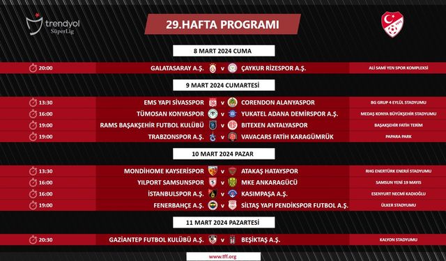 TFF, Süper Lig'in 29. hafta programında değişiklik yaptı
