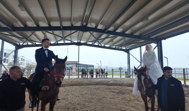 Genç çift at üstünde dünya evine girdi!