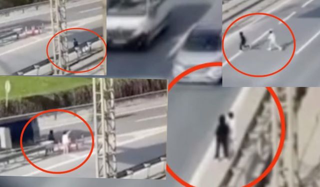 Çocukların otoyoldaki tehlikeli geçişi kameraya yansıdı