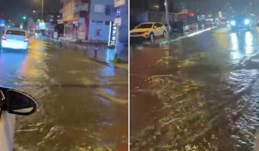 Aniden bastıran sağanak yağış caddeyi göle çevirdi