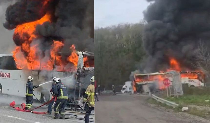 Seyir halindeki yolcu otobüsü alev alev yandı