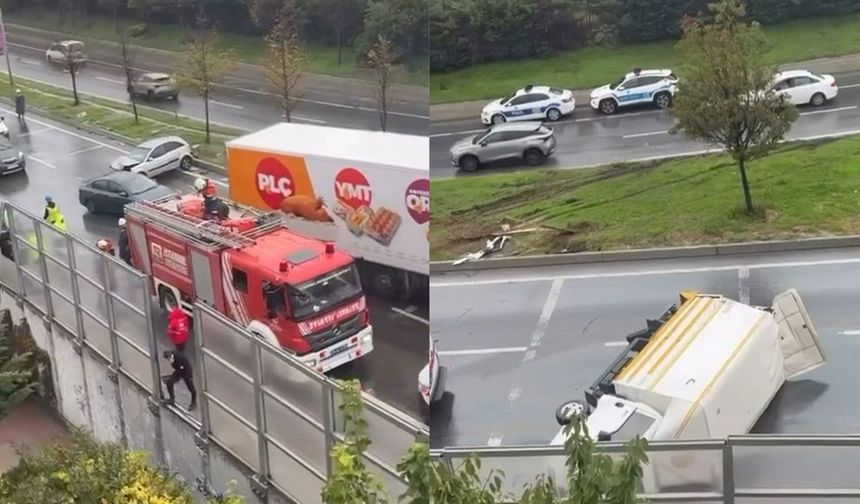 Sultangazi'de 2 araca çarpan kamyon bahçeye düştü