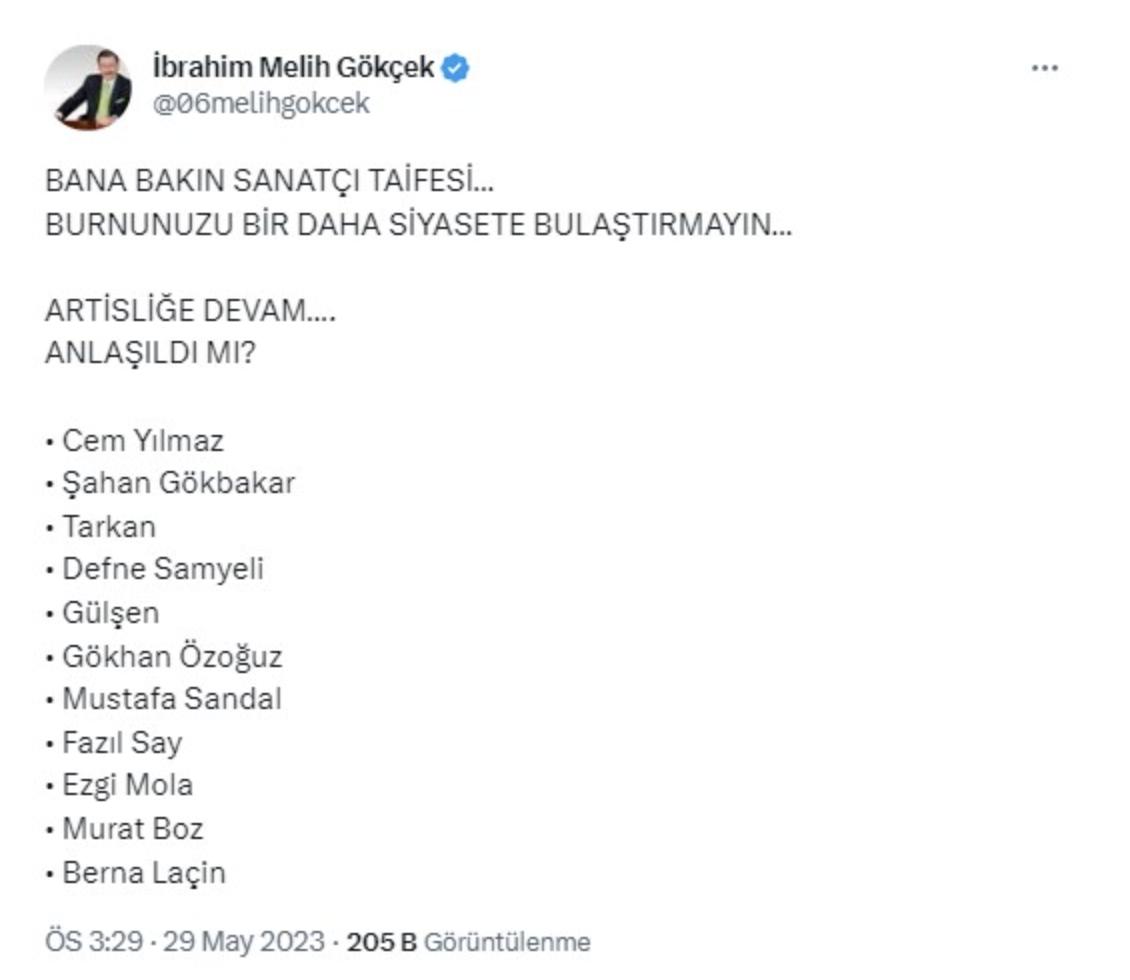 MELİH GÖKÇEK SİYASETE BULAMAYIN DEYİP O ÜNLÜLERİ HEDEF ALDI